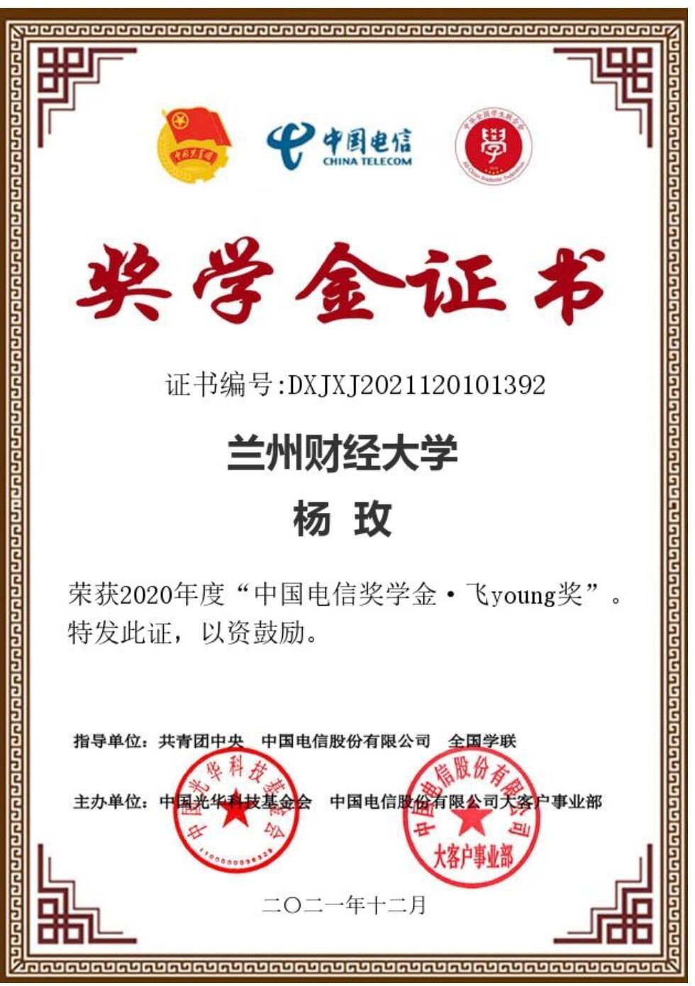 我校学子荣获2020年度中国电信奖学金飞young奖